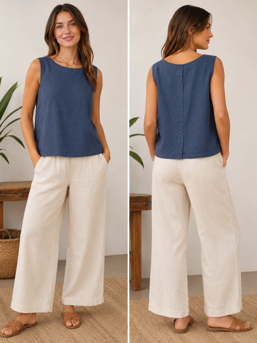 Pact Women's SZ S Organic Cotton/Linen Blend Full Button Back Tank Navy Blue